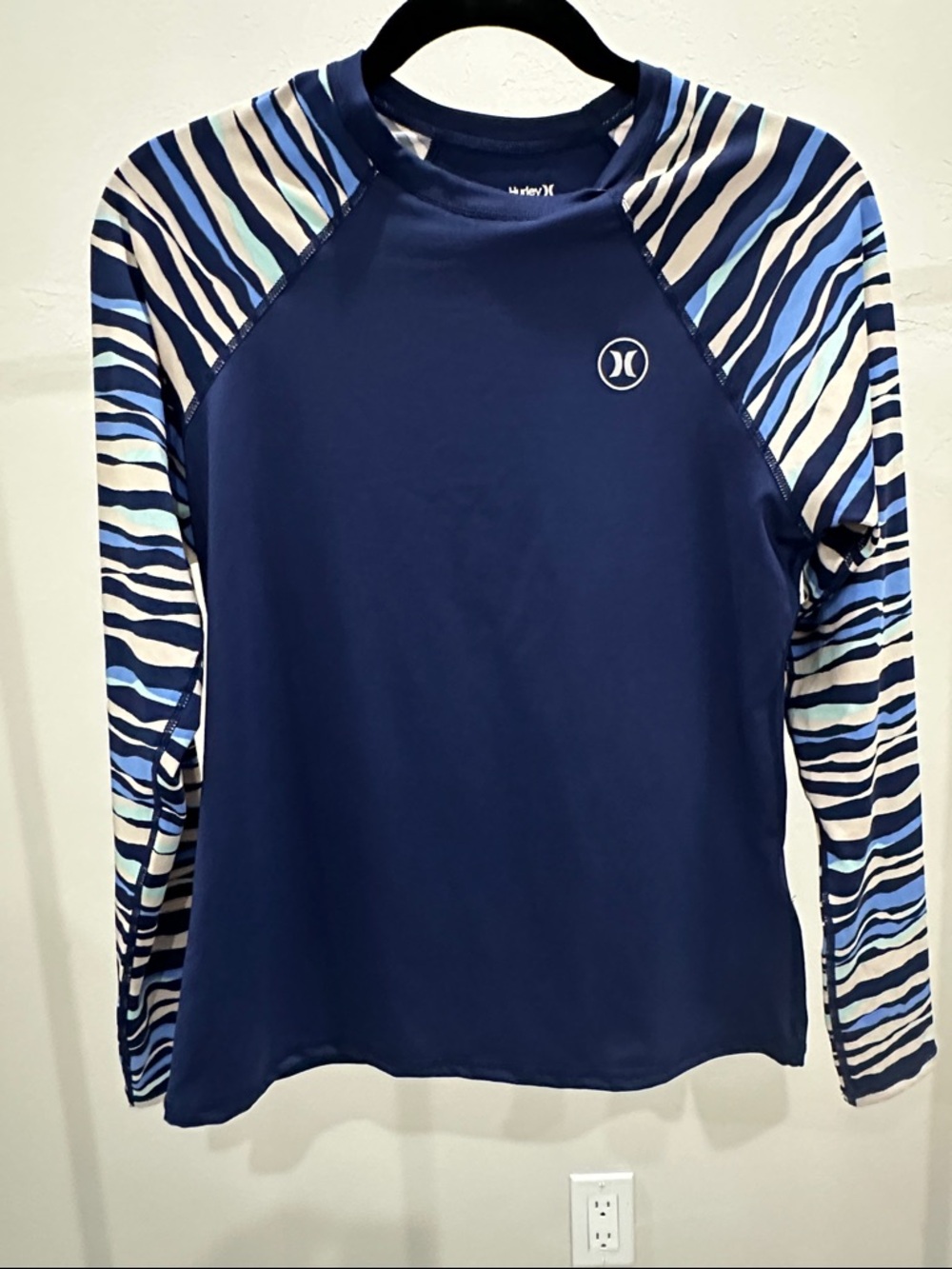 Hurley Navy Rash Guard with Blue & White Striped Sleeves